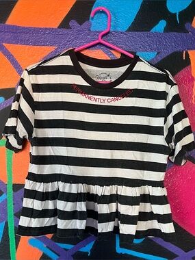 ★ Neon Riot "Permanently Cancelled" Black & White Striped Flair Waist T-Shirt ★